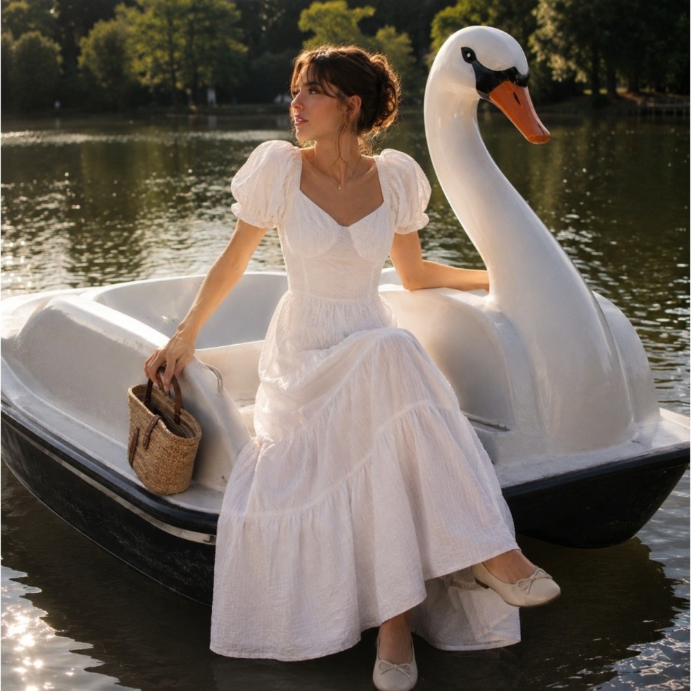 Milkmaid Midi Dress Puff Sleeve XS White Cottagecore Bridal Lolita Romantic Boho - Picture 1 of 6